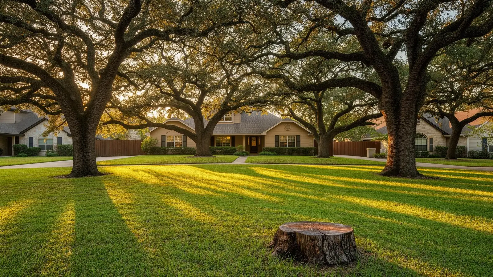 Sunlit suburban lawn with mature oak trees and a cut tree stump in the foreground