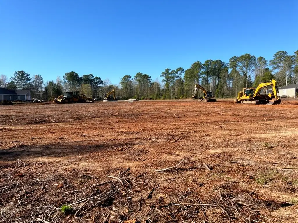 Large cleared lot with excavators working along the tree line
