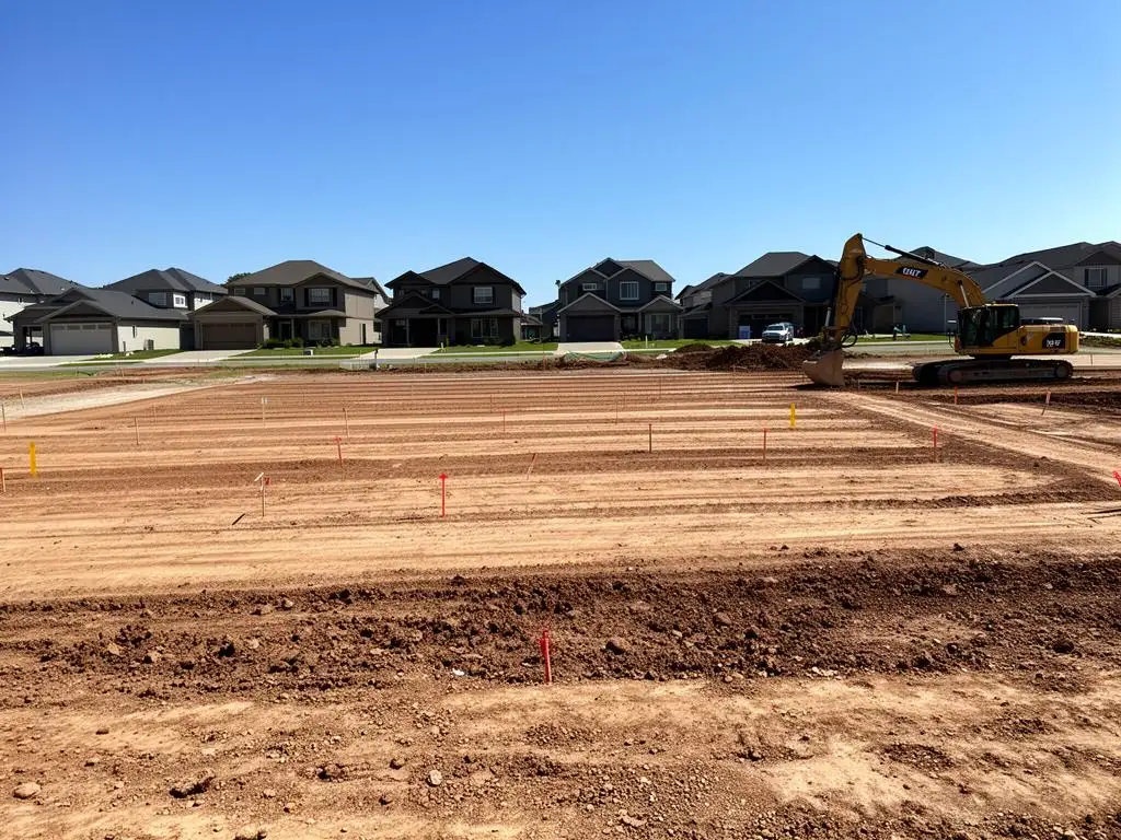 Graded and staked building lot next to a new subdivision